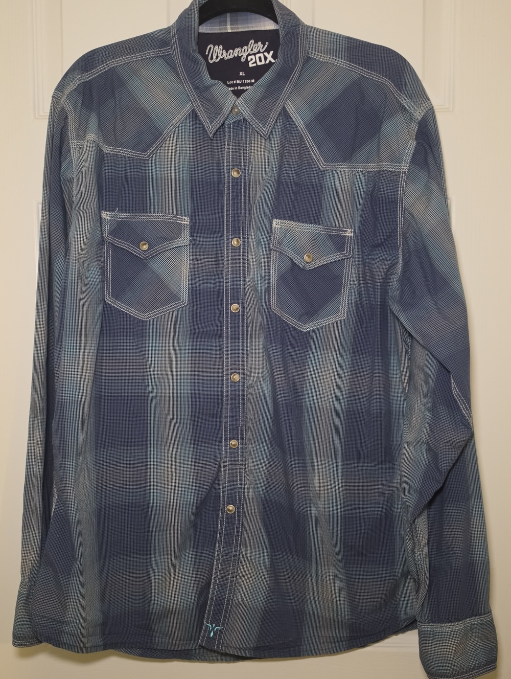 Wrangler Men's 20x Western Blue Plaid Long-Sleeve Button-Down Shirt - XL